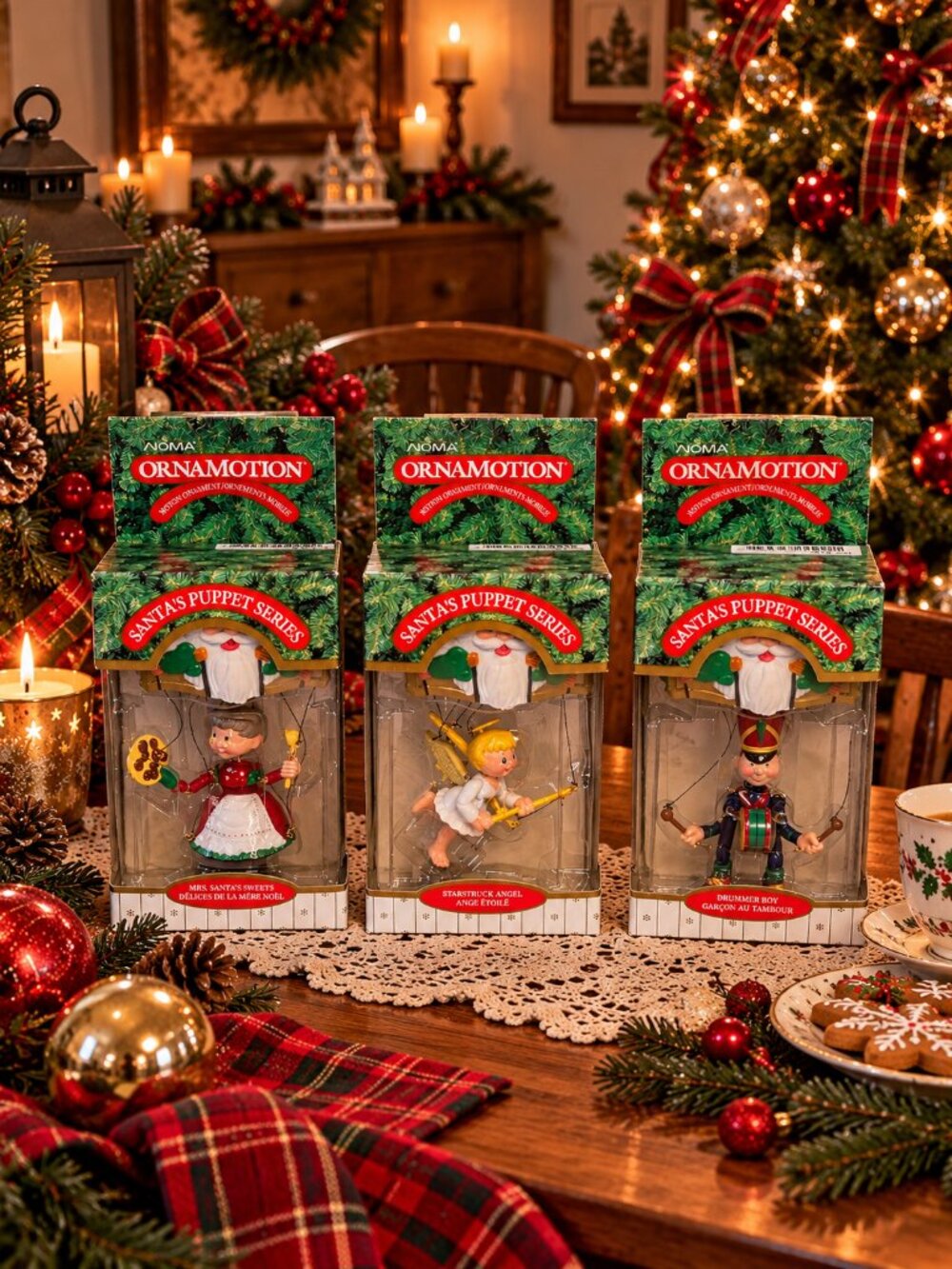 Vintage 1989 NOMA Ornamotion Santa's Puppet Christmas Ornaments Set of 3